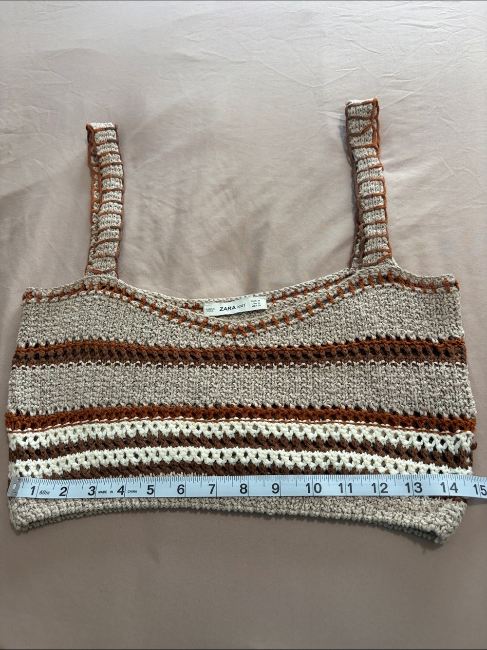 Zara Knit Brown & Cream Striped Crochet Cropped Tank - Picture 8 of 10
